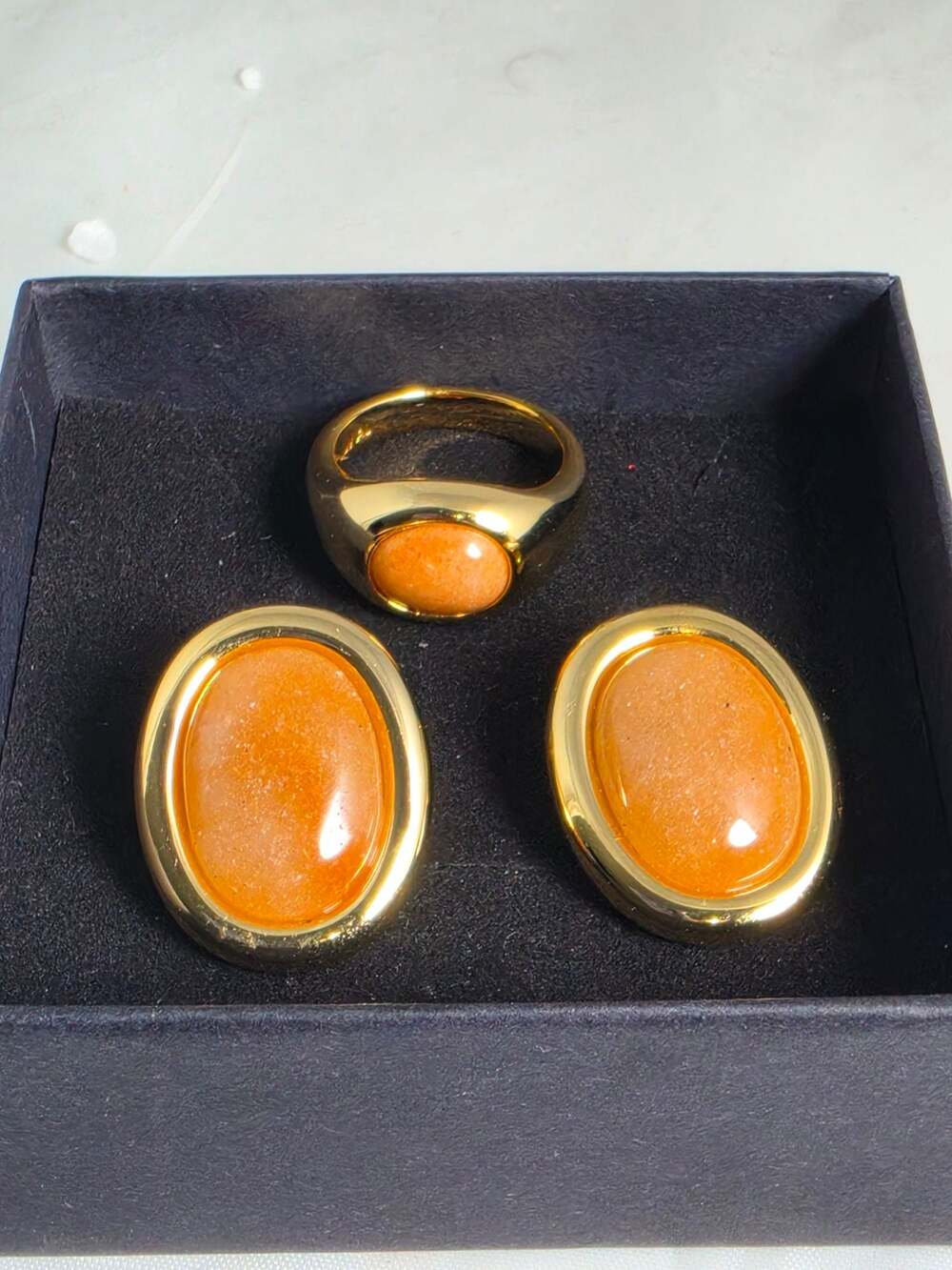 Luv Aj Gold-Tone Orange Aventurine Stone Ring And Earrings Set